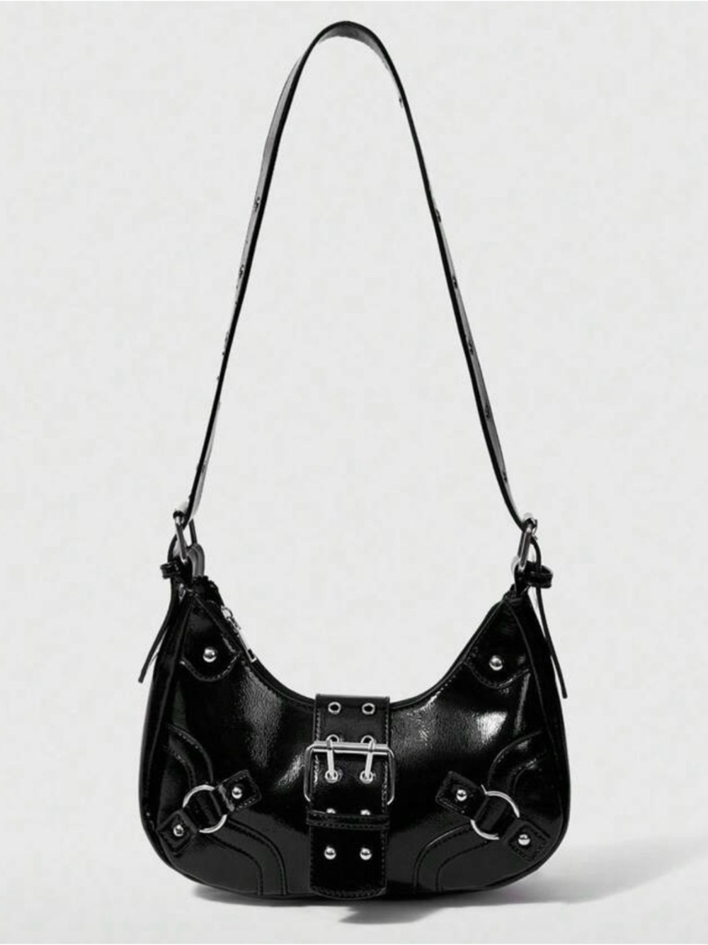 SHEIN Black Patent Shoulder Bag with Buckle Detail